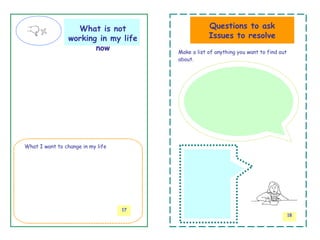 What is not                      Questions to ask
                 working in my life                 Issues to resolve
                        now             Make a list of anything you want to find out
                                        about.




What I want to change in my life




                                   17
                                                                                       18
 
