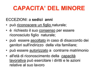 CAPACITA’ DEL MINORE
ECCEZIONI: a sedici anni
•  può riconoscere un figlio naturale;
•  è richiesto il suo consenso per essere
riconosciuto figlio naturale;
•  può essere ascoltato in caso di disaccordo dei
genitori sull'indirizzo della vita familiare;
•  può essere autorizzato a contrarre matrimonio
•  all'età di riconoscimento della capacità
lavorativa può esercitare i diritti e le azioni
relative al suo lavoro

 