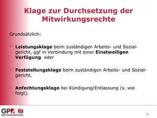 Klage zur Durchsetzung der Mitwirkungsrechte Grundsätzlich: Leistungsklage  beim zuständigen Arbeits- und Sozial-gericht, ggf in Verbindung mit einer  Einstweiligen Verfügung   oder Feststellungsklage  beim zuständigen Arbeits- und Sozial-gericht. Anfechtungsklage  bei Kündigung/Entlassung (s. wie folgt). 