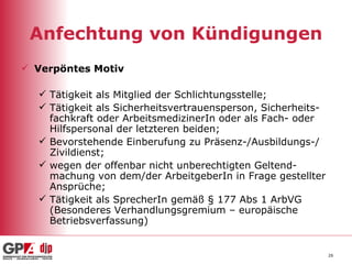 Anfechtung von Kündigungen Verpöntes Motiv Tätigkeit als Mitglied der Schlichtungsstelle; Tätigkeit als Sicherheitsvertrauensperson, Sicherheits-fachkraft oder ArbeitsmedizinerIn oder als Fach- oder Hilfspersonal der letzteren beiden; Bevorstehende Einberufung zu Präsenz-/Ausbildungs-/ Zivildienst; wegen der offenbar nicht unberechtigten Geltend-machung von dem/der ArbeitgeberIn in Frage gestellter Ansprüche; Tätigkeit als SprecherIn gemäß § 177 Abs 1 ArbVG (Besonderes Verhandlungsgremium – europäische Betriebsverfassung)  