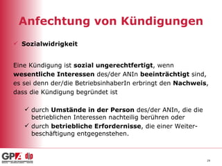 Anfechtung von Kündigungen Sozialwidrigkeit Eine Kündigung ist  sozial ungerechtfertigt , wenn  wesentliche Interessen  des/der ANIn  beeinträchtigt  sind,  es sei denn der/die BetriebsinhaberIn erbringt den  Nachweis , dass die Kündigung begründet ist durch  Umstände in der Person  des/der ANIn, die die betrieblichen Interessen nachteilig berühren oder durch  betriebliche Erfordernisse , die einer Weiter-beschäftigung entgegenstehen. 