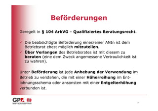 Beförderungen
Geregelt in § 104 ArbVG – Qualifiziertes Beratungsrecht.

  Die beabsichtigte Beförderung eines/einer ANIn ist dem
  Betriebsrat ehest möglich mitzuteilen.
  Über Verlangen des Betriebsrates ist mit diesem zu
  beraten (eine dem Zweck angemessene Vertraulichkeit ist
  zu wahren).

Unter Beförderung ist jede Anhebung der Verwendung im
Betrieb zu verstehen, die mit einer Höherreihung im Ent-
lohnungsschema oder ansonsten mit einer Entgelterhöhung
verbunden ist.


                                                            14
 