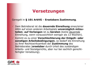 Versetzungen
Geregelt in § 101 ArbVG – Ersetzbare Zustimmung.

  Dem Betriebsrat ist die dauernde Einreihung eines/einer
  ANIn auf einen anderen Arbeitsplatz unverzüglich mitzu-
  teilen; auf Verlangen ist zu beraten (keine dauernde
  Einreihung, wenn voraussichtlich weniger als 13 Wochen).
  Kommt es zu einer Verschlechterung der Entgelt- oder
  sonstigen Arbeitsbedingungen, so bedarf die Einreihung
  zu ihrer Rechtswirksamkeit der Zustimmung des
  Betriebsrates (ersetzbar durch Urteil des zuständigen
  Arbeits- und Sozialgerichts, aber nur bei sachlich gerecht-
  fertigter Versetzung).



                                                                8
 