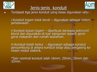 Jenis-jenis konduit 
 Terdapat tiga jenis konduit yang biasa digunakan iaitu : 
i-Konduit logam tolok berat – digunakan sebagai sistem 
pendawaian. 
ii-Konduit bukan logam – diperbuat daripada polivivinil 
klorid dan digunakan di luar bangunan seperti gerai-gerai 
makanan dan rumah kediaman. 
iii-Konduit boleh lentur - digunakan sebagai konduit 
penyambung di antara konduit tetap atau pengasing ke 
motor-motor elektrik. 
*Saiz nominal konduit ialah 16mm, 20mm, 25mm dan 
32mm. 
 