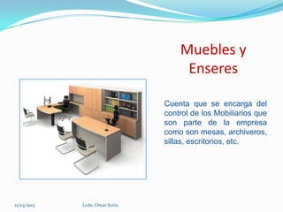 Muebles y
                                     Enseres

                                Cuenta que se encarga del
                                control de los Mobiliarios que
                                son parte de la empresa
                                como son mesas, archiveros,
                                sillas, escritorios, etc.




21/03/2013   Lcdo. Omar Soria
 