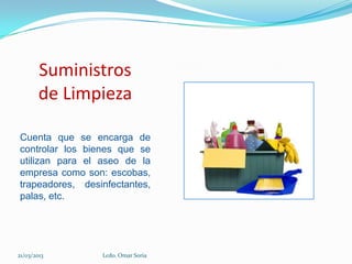 Suministros
        de Limpieza

Cuenta que se encarga de
controlar los bienes que se
utilizan para el aseo de la
empresa como son: escobas,
trapeadores, desinfectantes,
palas, etc.




21/03/2013       Lcdo. Omar Soria
 