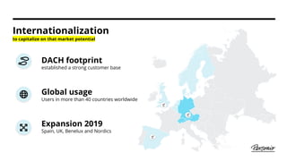 Internationalization
DACH footprint
established a strong customer base
Global usage
Users in more than 40 countries worldwide
Expansion 2019
Spain, UK, Benelux and Nordics
to capitalize on that market potential
 