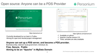 Open source: Anyone can be a PDS Provider
6
https://personium.io/
Currently developed by our team in Fujitsu.
Aiming for o...