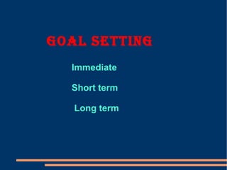 Goal SettinG
Immediate
Short term
Long term
 