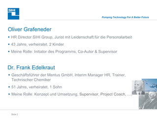 Slide 2
Pumping Technology For A Better Future
 HR Director SIHI Group, Jurist mit Leidenschaft für die Personalarbeit
 43 Jahre, verheiratet, 2 Kinder
 Meine Rolle: Initiator des Programms, Co-Autor & Supervisor
Oliver Grafeneder
Dr. Frank Edelkraut
 Geschäftsführer der Mentus GmbH, Interim Manager HR, Trainer,
Technischer Chemiker
 51 Jahre, verheiratet, 1 Sohn
 Meine Rolle: Konzept und Umsetzung, Supervisor, Project Coach, ….
 