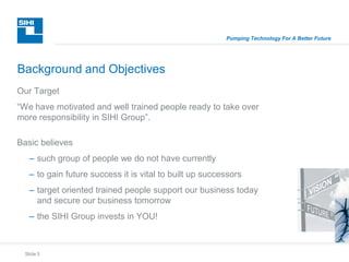 Slide 5
Pumping Technology For A Better Future
Our Target
“We have motivated and well trained people ready to take over
more responsibility in SIHI Group”.
Basic believes
– such group of people we do not have currently
– to gain future success it is vital to built up successors
– target oriented trained people support our business today
and secure our business tomorrow
– the SIHI Group invests in YOU!
Background and Objectives
 