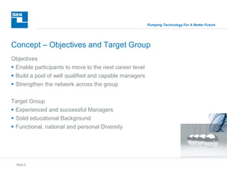 Slide 6
Pumping Technology For A Better Future
Objectives
 Enable participants to move to the next career level
 Build a pool of well qualified and capable managers
 Strengthen the network across the group
Target Group
 Experienced and successful Managers
 Solid educational Background
 Functional, national and personal Diversity
Concept – Objectives and Target Group
 