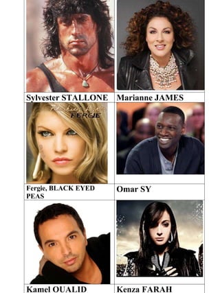 Sylvester STALLONE Marianne JAMES
Fergie, BLACK EYED
PEAS
Omar SY
Kamel OUALID Kenza FARAH
 