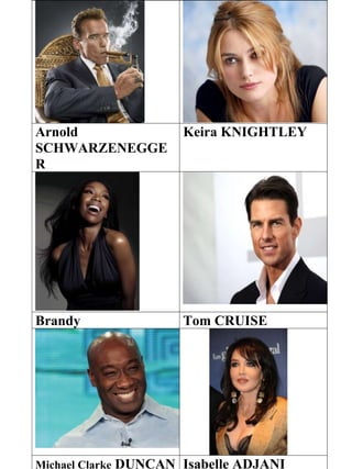Arnold
SCHWARZENEGGE
R
Keira KNIGHTLEY
Brandy Tom CRUISE
Michael Clarke DUNCAN Isabelle ADJANI
 