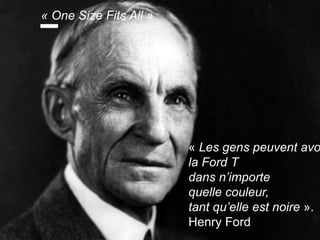 www.15marches.fr
« One Size Fits All »
« Les gens peuvent avo
la Ford T
dans n’importe
quelle couleur,
tant qu’elle est noire ».
Henry Ford
 