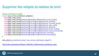Supprimer des widgets du tableau de bord 
WPTech Nantes 2014 
30 
//Remove Dashboard widgets 
function wpc_remove_dashboar...