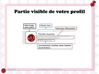 Partie visible de votre profil




14/04/2012       Personnaliser Votre Profil Pinterest   2
 
