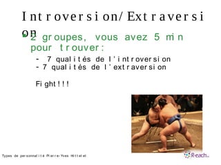 I nt r ove r s i on/ Ext r a ve r s i
on 2 gr oupes, vous avez 5 mi n
pour t r ouver :
- 7 qual i t és de l ’ i nt r over si on
- 7 qual i t és de l ’ ext r aver si on
Fi ght ! ! !
•Types de per sonnal i t é Pi er r e- Yves Hi t t el et
 