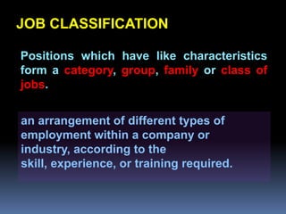 JOB CLASSIFICATION

Positions which have like characteristics
form a category, group, family or class of
jobs.
             Chapter 2
Job AnalysisdifferentJob of
 an arrangement of and types Design
employment within a company or
industry, according to the
skill, experience, or training required.
 