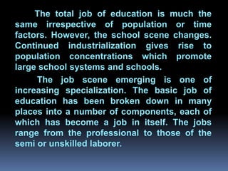 The total job of education is much the
same irrespective of population or time
factors. However, the school scene changes.
Continued industrialization gives rise to
population concentrations which promote
large school systems and schools.
         Chapter 2
     The job scene emerging is one of
increasing specialization. The basic job of
Job Analysis and Job Design
education has been broken down in many
places into a number of components, each of
which has become a job in itself. The jobs
range from the professional to those of the
semi or unskilled laborer.
 