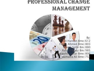 PROFESSIOnAlchange management 							By: ImranHaroonBme/612 Fayaz Ahmed Bme/803 AhsanSethiBm/880 RabiyaRiyazBm/985 MubashirSattarBme/806 Humaira Ali Bme/752 