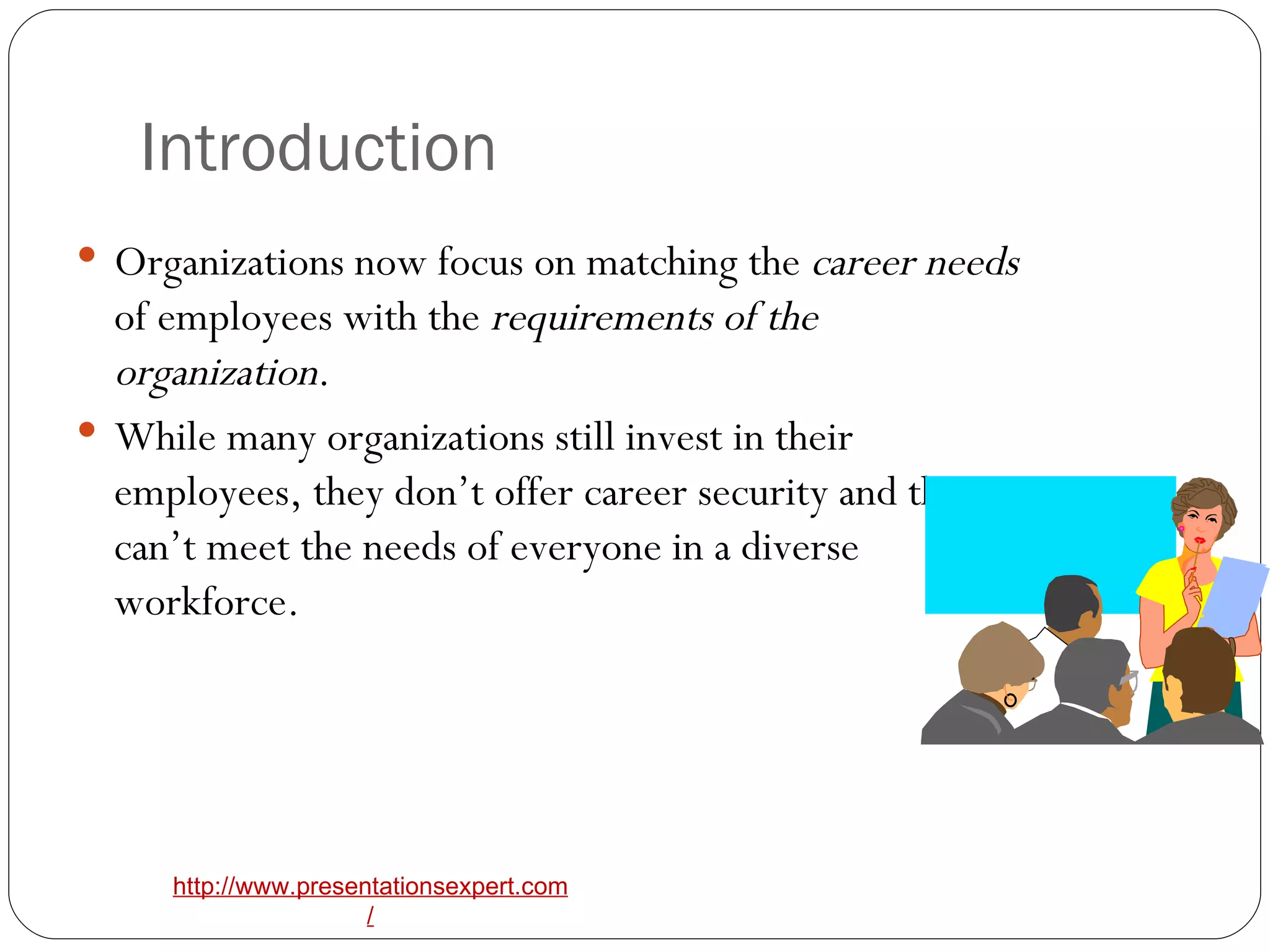 Introduction Organizations now focus on matching the  career needs  of employees with the  requirements of the organization .   While many organizations still invest in their employees, they don’t offer career security and they can’t meet the needs of everyone in a diverse workforce. 