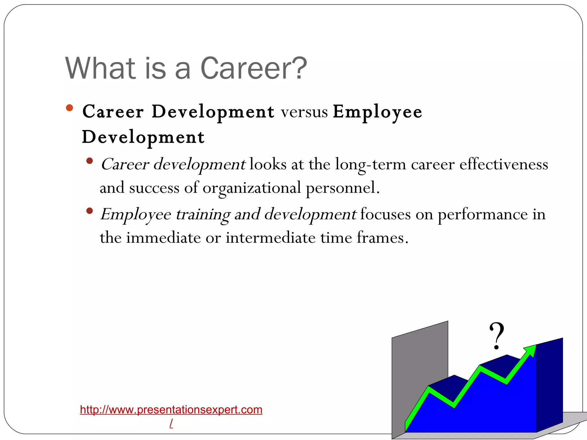What is a Career? Career Development  versus  Employee Development   Career development  looks at the long-term career effectiveness and success of organizational personnel.   Employee training and development  focuses on performance in the immediate or intermediate time frames.   