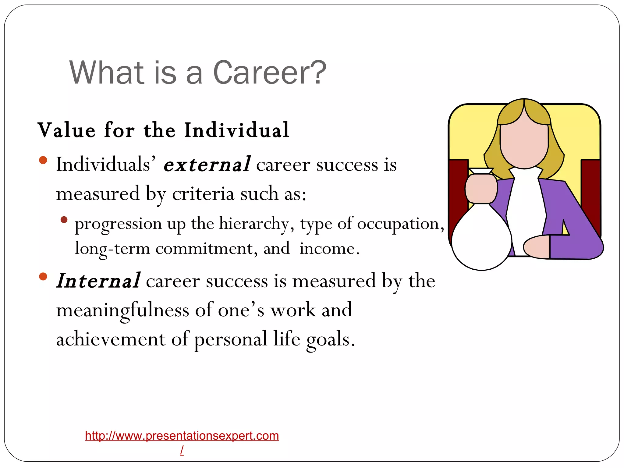 What is a Career? Value for the Individual   Individuals’  external  career success is measured by criteria such as: progression up the hierarchy, type of occupation, long-term commitment, and  income.   Internal  career success is measured by the meaningfulness of one’s work and achievement of personal life goals.   