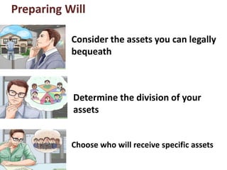 Preparing Will
Consider the assets you can legally
bequeath
Determine the division of your
assets
Choose who will receive specific assets
 