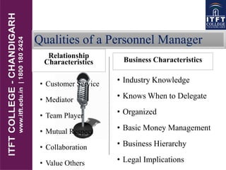 Qualities of a Personnel Manager
Relationship
Characteristics
• Customer Service
• Mediator
• Team Player
• Mutual Respect
• Collaboration
• Value Others
Business Characteristics
• Industry Knowledge
• Knows When to Delegate
• Organized
• Basic Money Management
• Business Hierarchy
• Legal Implications
 