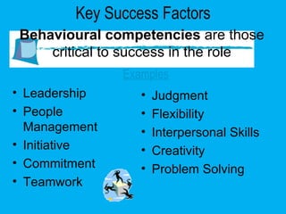 Behavioural competencies  are those critical to success in the role Leadership People Management Initiative Commitment Teamwork Judgment Flexibility Interpersonal Skills Creativity Problem Solving Examples Key Success Factors 