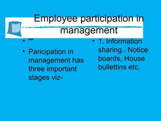Employee participation in management ""  Paricipation in management has three important stages viz- . 1. Information sharing.. Notice boards, House bullettins etc. 