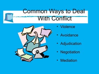 Common Ways to Deal  With Conflict Violence Avoidance Adjudication Negotiation Mediation 