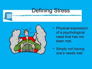 Defining Stress Physical expression of a psychological need that has not been met. Simply not having one’s needs met. 