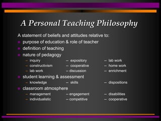 A Personal Teaching Philosophy
A statement of beliefs and attitudes relative to:
 purpose of education & role of teacher
 definition of teaching
 nature of pedagogy
– inquiry -- expository -- lab work
– constructivism -- cooperative -- home work
– lab work -- discussion -- enrichment
 student learning & assessment
– knowledge -- skills -- dispositions
 classroom atmosphere
– management -- engagement -- disabilities
– individualistic -- competitive -- cooperative
 