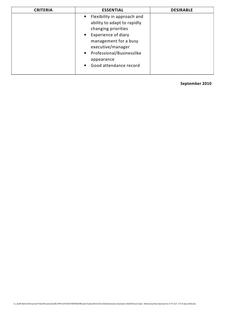 Person specification admin assistant vp elt ctl