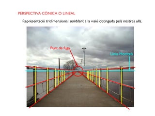 PERSPECTIVA CÒNICA O LINEAL
Representació tridimensional semblant a la visió obtinguda pels nostres ulls.
Punt de fuga
Línia Horitzó
 