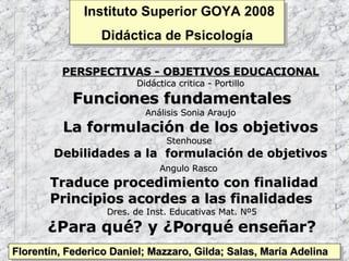 Florentín, Federico Daniel; Mazzaro, Gilda; Salas, María Adelina Instituto Superior GOYA 2008 Didáctica de Psicología ,[object Object],[object Object],[object Object],[object Object],[object Object],[object Object],[object Object],[object Object],[object Object],[object Object],[object Object],[object Object]