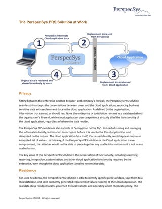 The PerspecSys PRS Solution at Work




Privacy

Sitting between the enterprise desktop browser and company’s firewall, the PerspecSys PRS solution
seamlessly intercepts the conversations between users and the cloud applications, replacing business
sensitive data with replacement data in the cloud application. As defined by the organization,
information that cannot, or should not, leave the enterprise or jurisdiction remains in a database behind
the organization’s firewall, while cloud application users experience virtually all of the functionality of
the cloud application, regardless of where the data resides.

The PerspecSys PRS solution is also capable of "encryption on the fly". Instead of storing and managing
the information locally, information is encrypted before it is sent to the Cloud application, and
decrypted on the return. The cloud application data itself, if accessed directly, would appear only as an
encrypted list of values. In this way, if the PerspecSys PRS solution or the Cloud application is ever
compromised, the attacker would not be able to piece together any usable information as it is not in any
usable format.

The key value of the PerspecSys PRS solution is the preservation of functionality, including searching,
reporting, integration, customization, and other cloud application functionality required by the
enterprise, even though the cloud application contains no sensitive data.

Residency

For Data Residency, the PerspecSys PRS solution is able to identify specific pieces of data, save them to a
local database, and send randomly generated replacement values (tokens) to the Cloud application. The
real data stays resident locally, governed by local statutes and operating under corporate policy. The



PerpecSys Inc. ©2012. All rights reserved.
 
