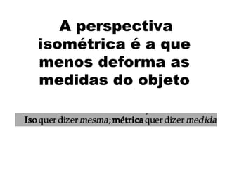 A perspectiva
isométrica é a que
menos deforma as
medidas do objeto
 