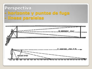 Perspectiva
- horizonte y puntos de fuga
- líneas paralelas
 