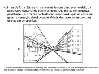 - Linhas de fuga: São as linhas imaginárias que descrevem o efeito da
perspectiva convergindo para o ponto de fuga (linhas convergentes
pontilhadas). É o afunilamento dessas linhas em direção ao ponto que
geram a sensação visual de profundidade das faces em escorço dos
objetos em perspectiva.
O uso dos elementos da perspectiva, em conjunto, permitem a elaboração de esquemas gráficos necessários
para desenhar objetos contextualizados em ambientes ou paisagens sem distorção estrutural.
 