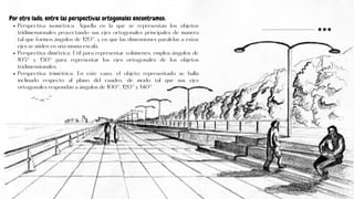 Perspectiva isométrica. Aquella en la que se representan los objetos
tridimensionales proyectando sus ejes ortogonales principales de manera
tal que formen ángulos de 120°, y en que las dimensiones paralelas a estos
ejes se miden en una misma escala.
Perspectiva dimétrica. Útil para representar volúmenes, emplea ángulos de
105° y 150° para representar los ejes ortogonales de los objetos
tridimensionales.
Perspectiva trimétrica. En este caso, el objeto representado se halla
inclinado respecto al plano del cuadro, de modo tal que sus ejes
ortogonales respondan a ángulos de 100°, 120° y 140°.
Por otro lado, entre las perspectivas ortogonales encontramos:
 