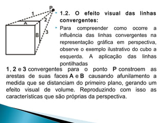  1.2. O efeito visual das linhas
convergentes:
 Para compreender como ocorre a
influência das linhas convergentes na
representação gráfica em perspectiva,
observe o exemplo ilustrativo do cubo a
esquerda. A aplicação das linhas
pontilhadas
1, 2 e 3 convergentes para o ponto P constroem as
arestas de suas faces A e B causando afunilamento a
medida que se distanciam do primeiro plano, gerando um
efeito visual de volume. Reproduzindo com isso as
características que são próprias da perspectiva.
 