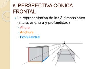 5. PERSPECTIVA CÓNICA
FRONTAL
 La representación de las 3 dimensiones
(altura, anchura y profundidad)
◦ Altura
◦ Anchura
◦ Profundidad
 