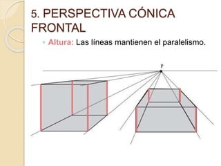 5. PERSPECTIVA CÓNICA
FRONTAL
◦ Altura: Las líneas mantienen el paralelismo.
 