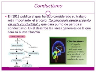 Conductismo
 En 1913 publica el que, ha sido considerado su trabajo
más importante, el artículo: “La psicología desde el punto
de vista conductista” y que dará punto de partida al
conductismo. En él describe las líneas generales de la que
será su nueva filosofía.
 