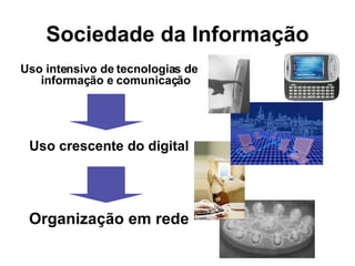 Sociedade da Informação Uso intensivo de tecnologias de informação e comunicação Uso crescente do digital Organização em rede 