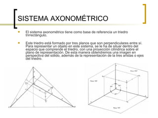 SISTEMA AXONOMÉTRICO
 El sistema axonométrico tiene como base de referencia un triedro
trirrectángulo.
 Este triedro está formado por tres planos que son perpendiculares entre sí.
Para representar un objeto en este sistema, se le ha de situar dentro del
espacio que comprende el triedro, con una proyección cilíndrica sobre el
plano de representación. De esta manera obtendremos una imagen en
perspectiva del sólido, además de la representación de la tres aristas o ejes
del triedro.
 