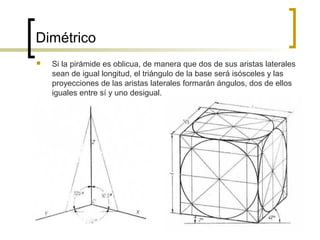  Si la pirámide es oblicua, de manera que dos de sus aristas laterales
sean de igual longitud, el triángulo de la base será isósceles y las
proyecciones de las aristas laterales formarán ángulos, dos de ellos
iguales entre sí y uno desigual.
Dimétrico
 